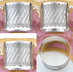 Antique French Sterling Silver 2” Napkin Ring, Ornate Floral Garland Bands, “Pauline" Inscription