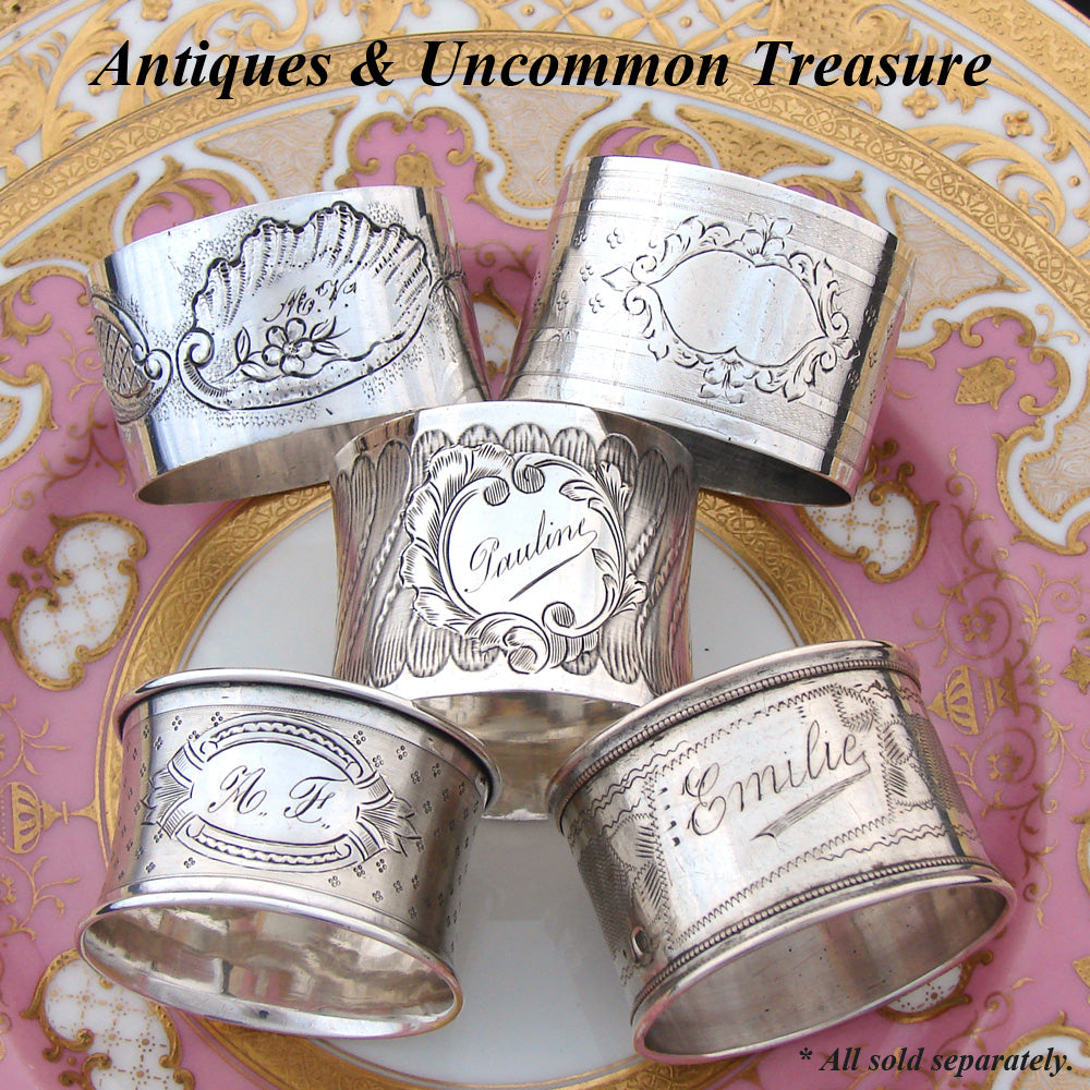 Antique French Sterling Silver 2” Napkin Ring, Ornate Floral Garland Bands, “Pauline" Inscription