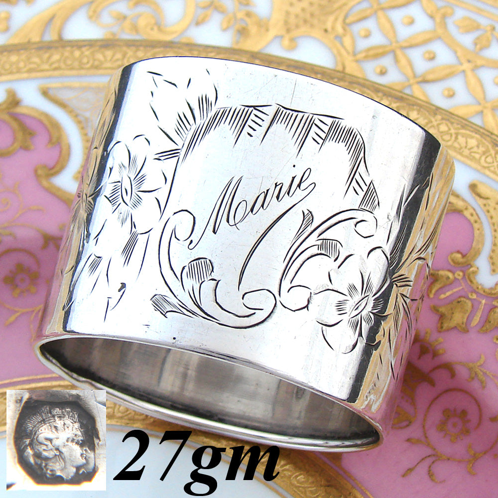 Antique French 800 (nearly sterling) Silver 2” Napkin Ring, Floral Decoration, “Marie” Inscription