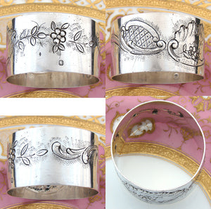 Lovely Antique French Sterling Silver 2” Napkin Ring, Ornate Rococo Style, MV Monogram