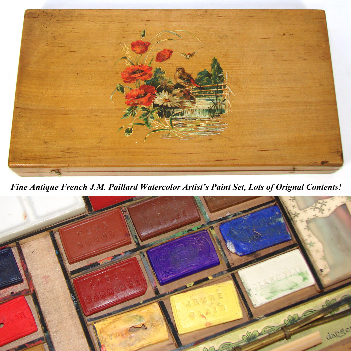 Antique French J.M. Paillard Watercolor Artist's Paint Set, Box with Lots of Contents