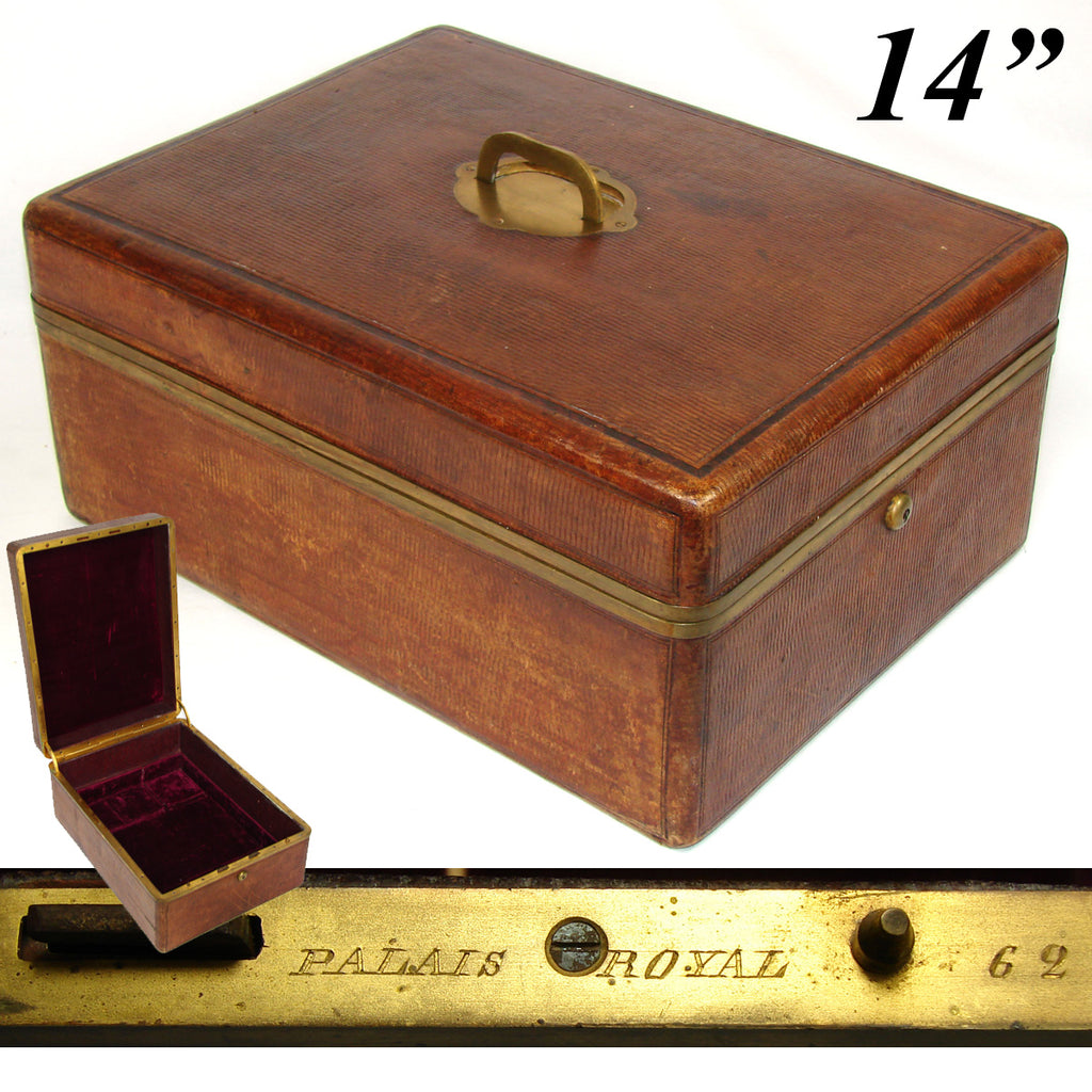 Antique French Palais Royal Marked 14" Tooled Leather Travel or Vanity Box, Chestm Necessaire