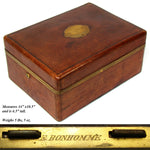 Antique French Palais Royal Marked 14" Tooled Leather Travel or Vanity Box, Chestm Necessaire