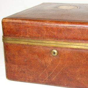 Antique French Palais Royal Marked 14" Tooled Leather Travel or Vanity Box, Chestm Necessaire