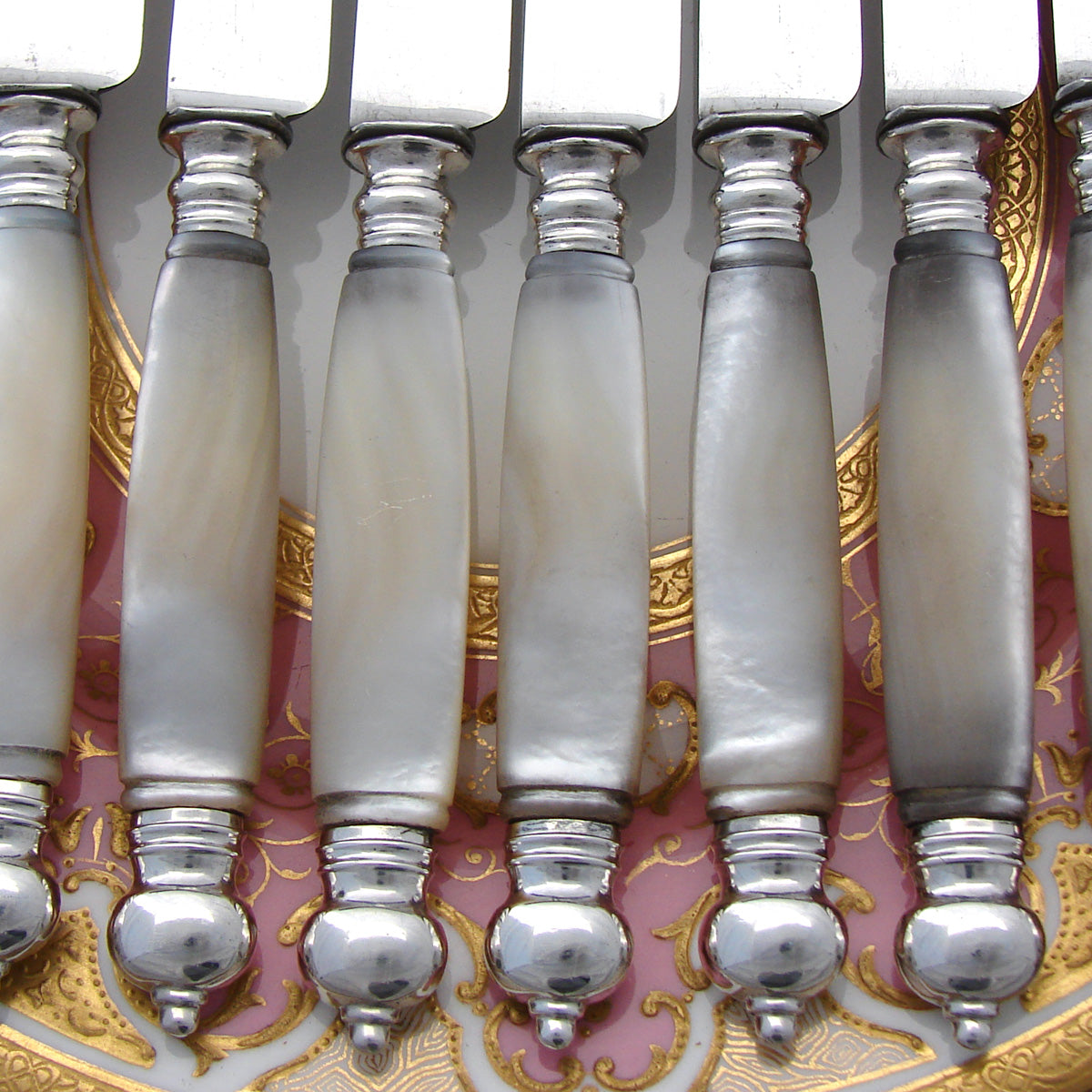 Elegant Antique French Silver & Mother of Pearl Handled 12pc Dessert Knives Set, Orig. Box