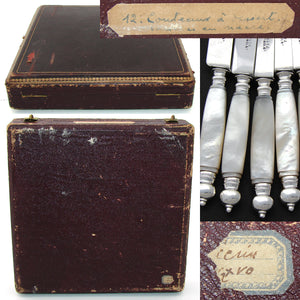 Elegant Antique French Silver & Mother of Pearl Handled 12pc Dessert Knives Set, Orig. Box