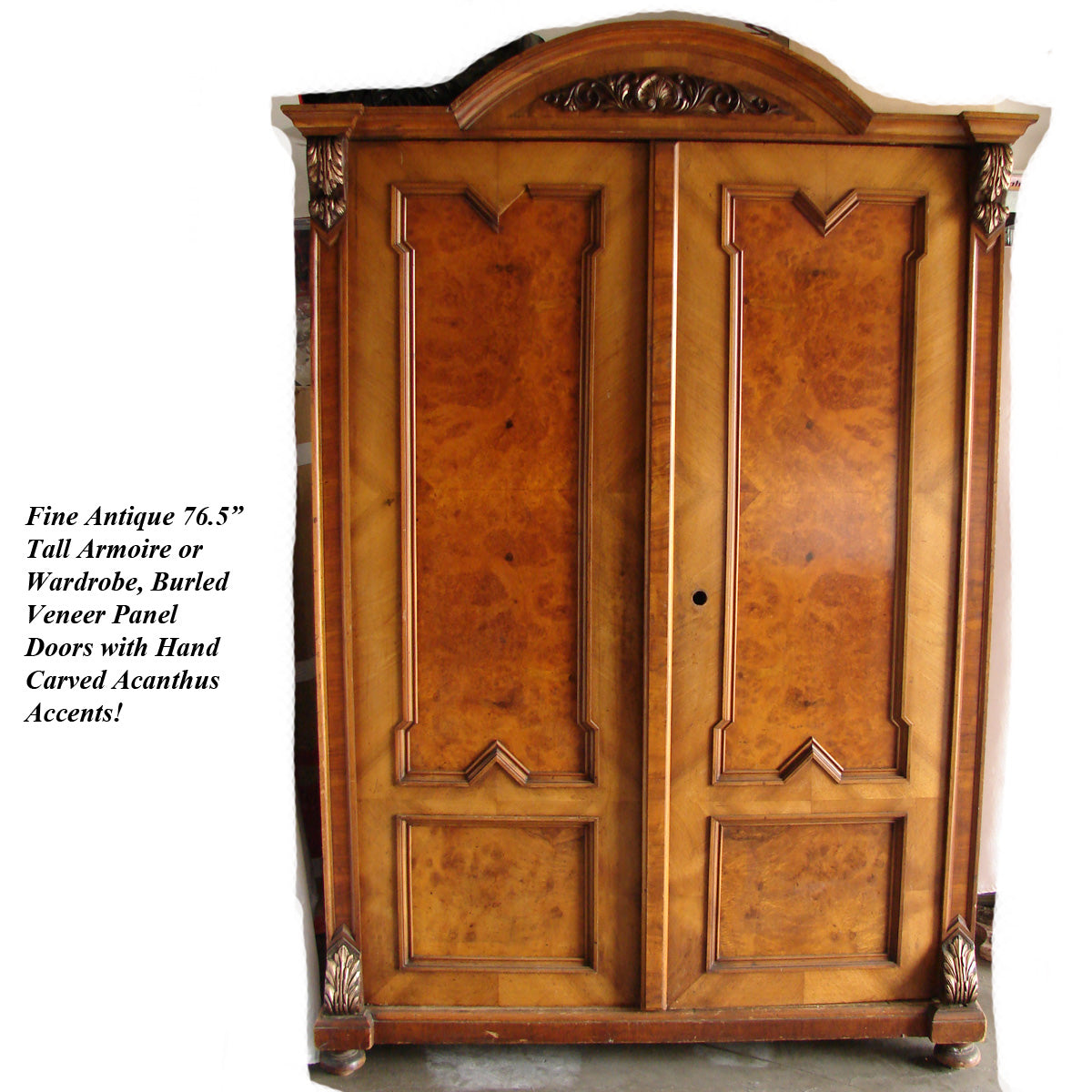 Antique 76.5" Tall Armoire or Wardrobe, Burled Veneer Doors with Carved & Gilded Acanthus Accents