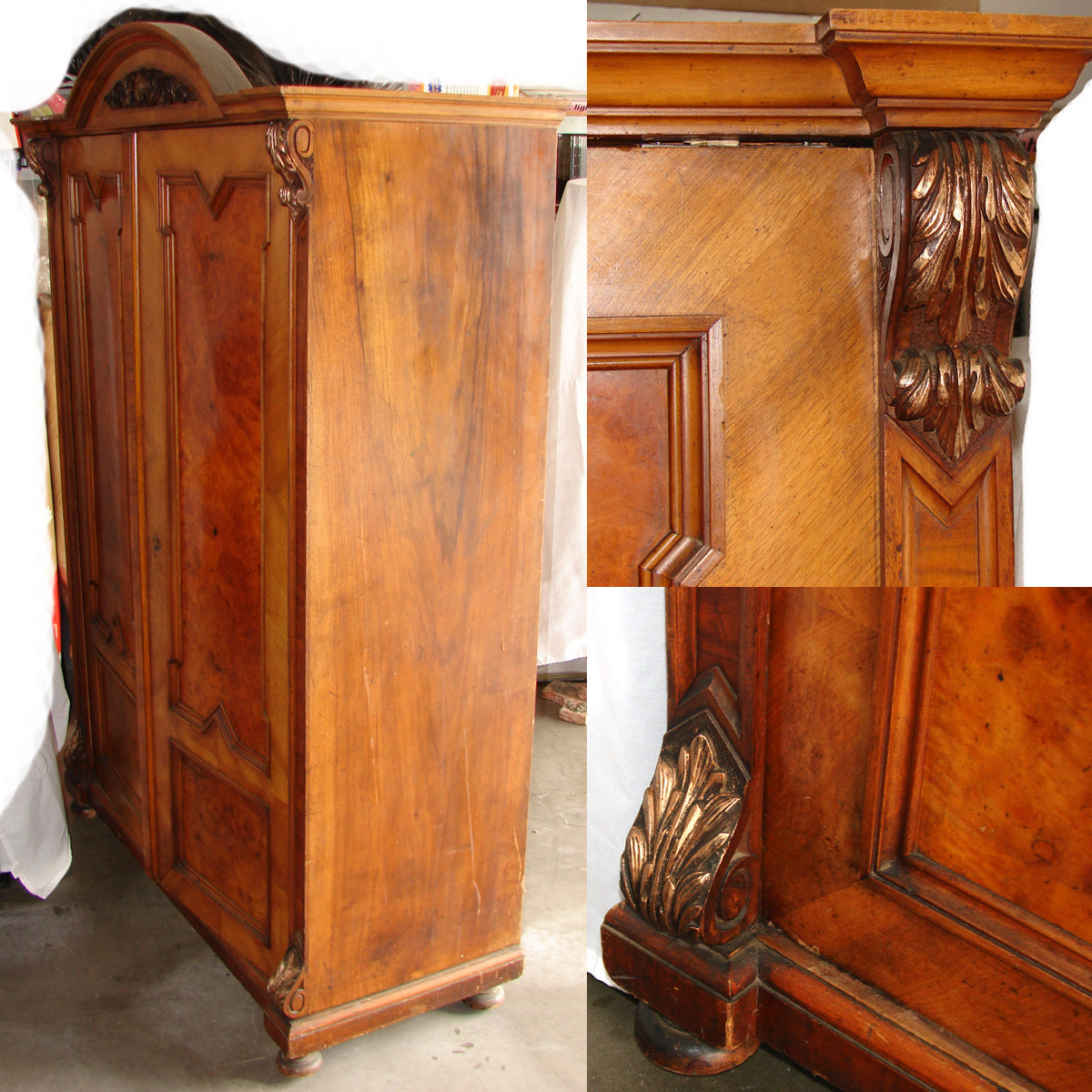 Antique 76.5" Tall Armoire or Wardrobe, Burled Veneer Doors with Carved & Gilded Acanthus Accents