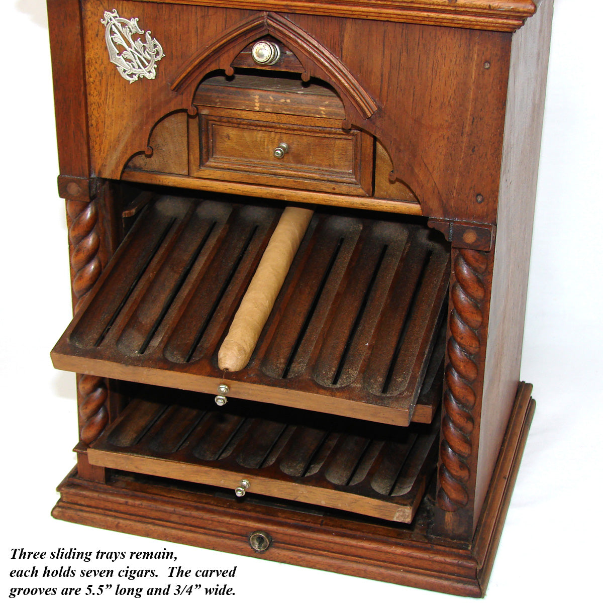 Antique French Victorian Era 14" Roll-Top Smoker's Cabinet, Cigar Presenter Box