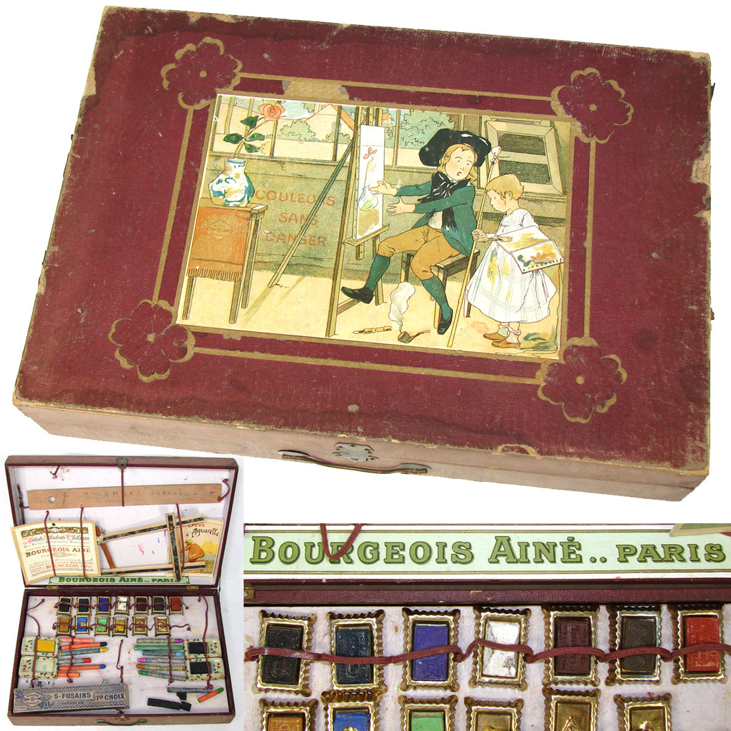 Antique French Bourgeois Aine Child's Watercolor Paints Set, Box, Lots of Orig. Contents