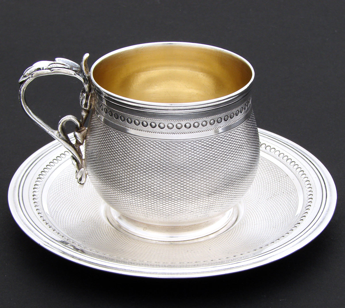 Lovely Antique French Silver Plate Coffee or Tea Cup & Saucer, Ornate Guilloche Style