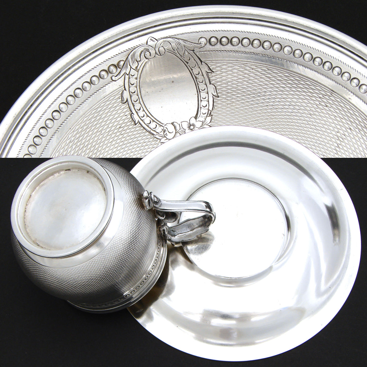 Lovely Antique French Silver Plate Coffee or Tea Cup & Saucer, Ornate Guilloche Style