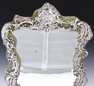 HUGE Antique William Comyns Sterling Silver 18.75” Vanity or Boudoir Mirror, Ornate Rococo Style, Easel Back