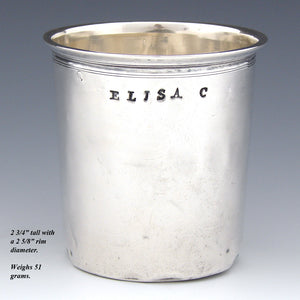 Antique French 1819-1838 Hallmarked Sterling Silver Wine or Mint Julep Cup, Tumbler or Timbale, “Elisa C"
