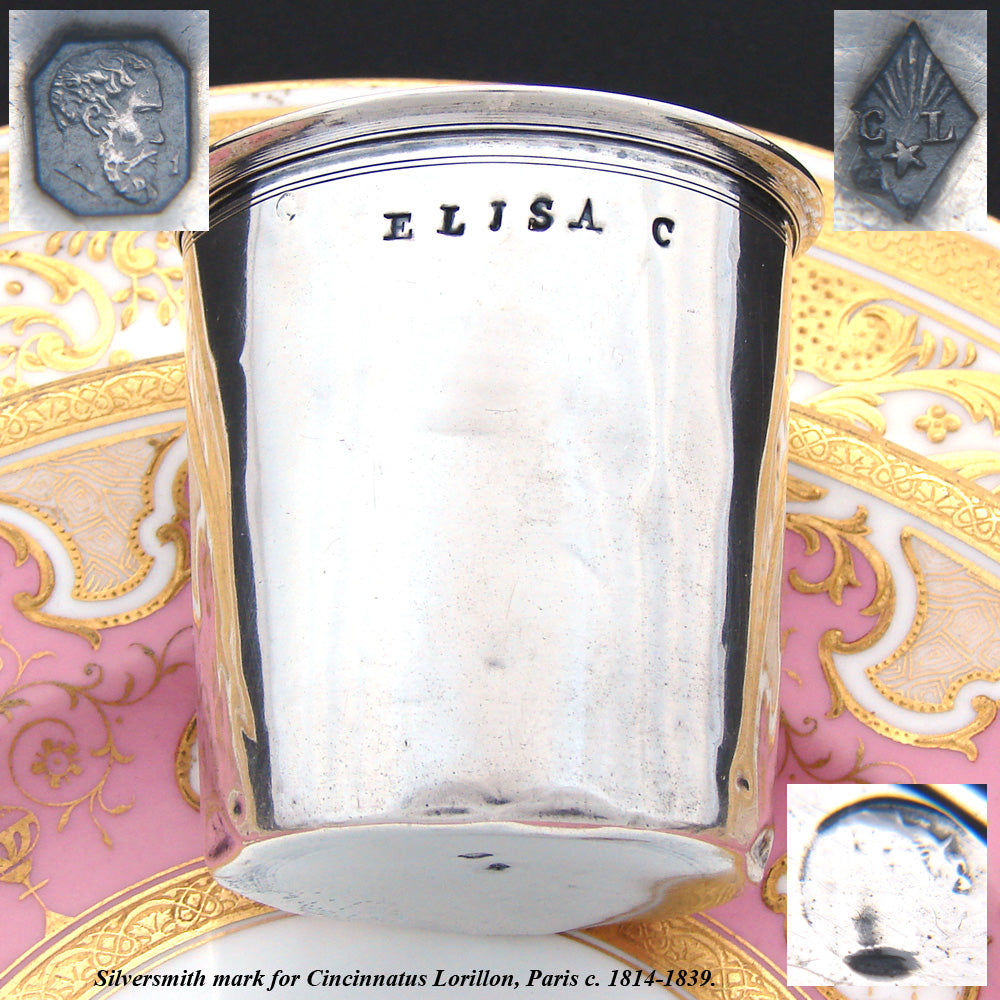 Antique French 1819-1838 Hallmarked Sterling Silver Wine or Mint Julep Cup, Tumbler or Timbale, “Elisa C"