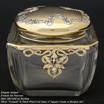 Antique French 18k Gold on Sterling Silver “Vermeil” & Cut Glass 4” Vanity or Powder Jar, Art Nouveau Floral