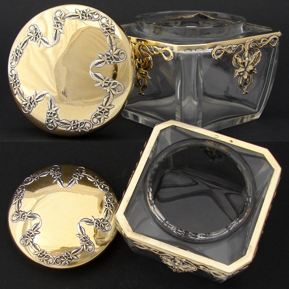 Antique French 18k Gold on Sterling Silver “Vermeil” & Cut Glass 4” Vanity or Powder Jar, Art Nouveau Floral