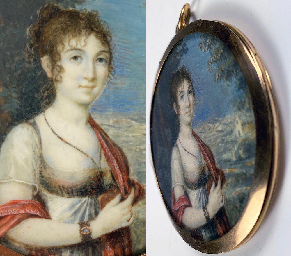 Antique French Napoleon Era Portrait Miniature in 18k Gold Locket Frame, ID'd Artist: Julie BOILY, c.1810