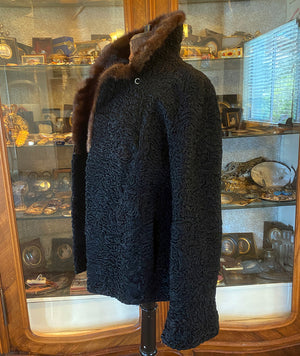 Fabulous Vintage Natural Black Persian Lamb Jacket, Coat, Mink Collar, Size 8-12