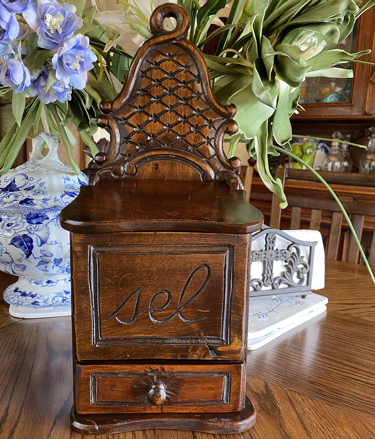 Vintage to Antique French Country Hand Carved Salt Box, Boite a' Sels, Cabinet 15 1/4" Tall