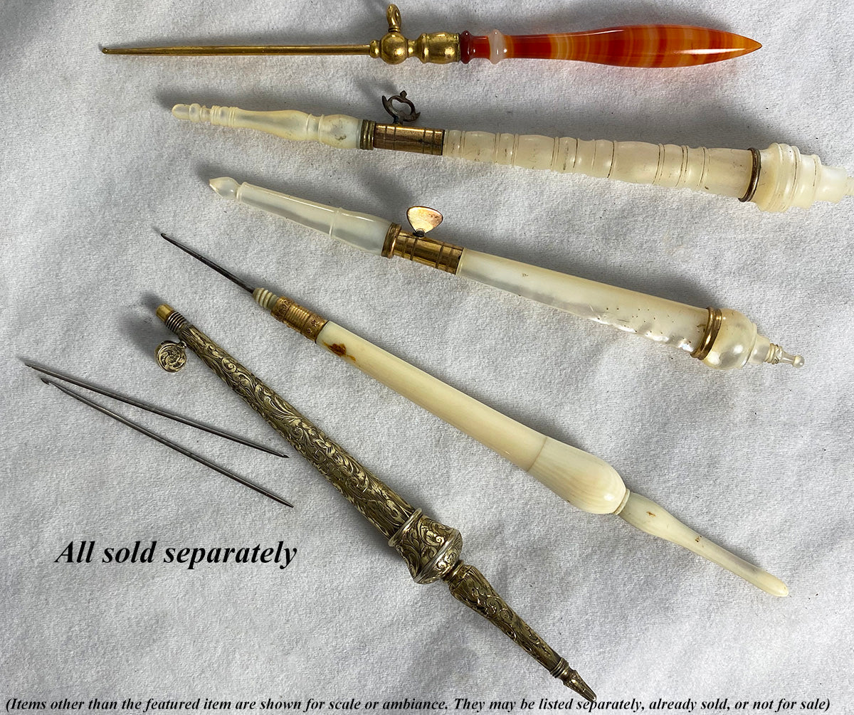 Antique c.1820-40 French Tambour or Crochet Hook, Engraved Sterling Silver, 18k Gold Vermeil